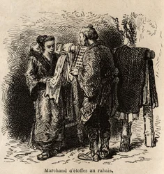 A discount cloth dealer makes the article to a young woman carrying her toddler on her back. Engraving to illustrate the journey to Japan, by Aime Humbert, minister of the Swiss Confederation, in 1863-1864, published in 