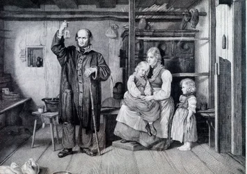 A Doctor Examining a Bottle, Probably a Urine Vial, During a Visit to a Mother and Her Two Children Living in Poverty