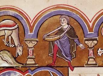 A Farmer Sowing Grain. Detail of a manuscript page from 