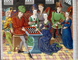 A game of chess between two courtiers in the room of a castle. Miniature taken from “History of Alexander the Great” (or Alexander III of Macedon (356-323 BC))