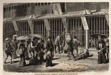 A pharmacy shop in Yedo (or Edo, present-day Tokyo), the pharmacist works with his help before the eyes of the public, protected by a wooden lacquer grid, in front of which the barges wait on the street to be served and then pay by passing the money throug
