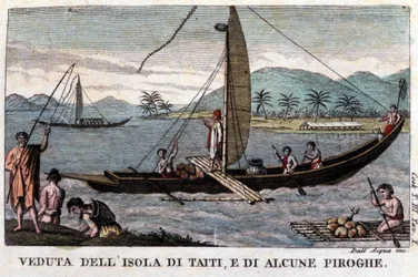 A Polynesian swing canoe in Tahiti. On board a load of coconut and bread tree fruits. Lithograph of the 19th century