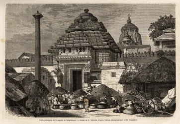 A Popular Walk in Front of the Main Gate of the Jagannath Temple, a Holy City and Pilgrimage Site in Southern Bengal. Engraving to Illustrate the Voyage in the Southern Provinces of India, by Alfred Grandidier, in 1862-1864, Published in Le Tour du Monde, 