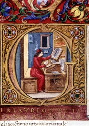 A scholar - on the wall, one of the first representations of a pendulum (letter g). 15th century manuscript