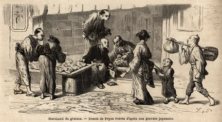 A seed dealer in the middle of the street. Engraving to illustrate the voyage to Japan, in 1863-1864, by Aime Humbert, minister of the Swiss Confederation, in 