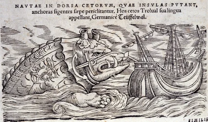 A whale confused with an island. Two people light a fire on the back of a marine monster. Engraving in 