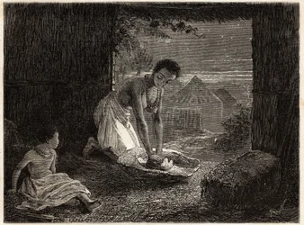 A woman grinding grain in a burner. Illustration for Dr. Livingstone