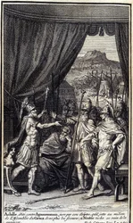 Achilles, Irritated Against Agamemnon, Swears by His Scepter Not to Help the Greeks; Nestor Tries in Vain to Appease Them (Illustration for Book I of the Iliad of Homer)