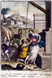 Agar at the well: I approach her and ask her to give a drink. She will answer... Engraving from the beginning of the 19th century.
