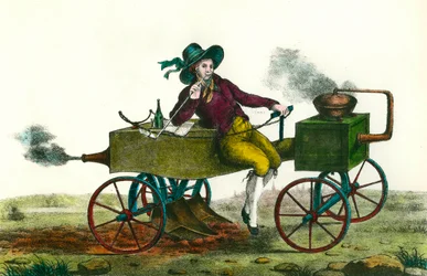Agriculture: plowing scene with a steam machine in 1834. Anonymous engraving from 1834. Private collection