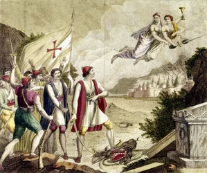 Allegory of the reawakening of Greek national sentiment under Ottoman rule, which led to the Greek War of Independence (1821-1830), also known as the Greek Revolution.