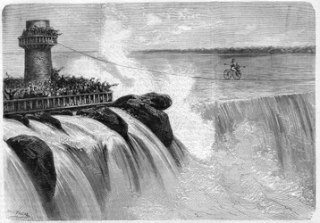 American Jenkins crossing Niagara Falls on a Velocipede in 1869.