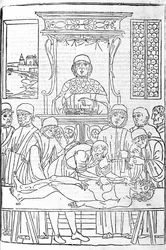 Anatomical dissection. Engraving from a treatise of Medicine by Gerolamo Cardano, Florence