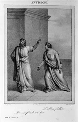 Antigone Act 4, scene 5. Italian tragedy by Vittorio Alfieri written in 1783 after Greek mythology. Engraving of the 18th century