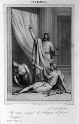 Antigone Act 5, scene 6. Italian tragedy by Vittorio Alfieri written in 1783 after Greek mythology. Engraving of the 18th century