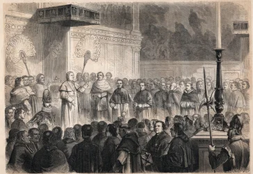 Audience given by Pope Pius IX (1792-1878) to foreign ecclesiastics in the Sistine Chapel in Rome on the occasion of the celebrations of the canonization of the 26 