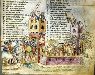 Battle scene in a castle fort. Miniature of the Roman de Troy by Benoit de Sainte Moure