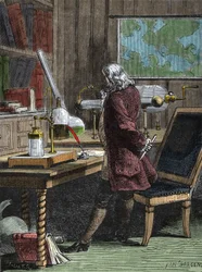 Benjamin Franklin, philosopher, physicist and American ambassador in his laboratory in Philadelphia