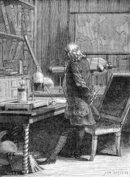 Benjamin Franklin, American Politician and Physicist (1706-1790) in His Physics Laboratory in Philadelphia - Engraving