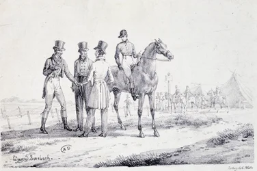 Bet on the edge of the racefield with a jockey on horseback - lithography, early 19th century