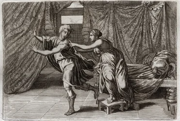 Bible of Royaumont, Old Testament: Chastity of Joseph. Joseph solicited by the wife of Potiphar, and put in prison. Illustration from 1811