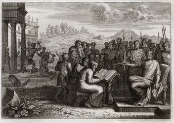Bible of Royaumont, Old Testament: Piety of Josiah. Josiah, king of Judah, restores the worship of God in his kingdom, and surpasses all the kings his predecessors in virtue. Illustration from 1811.