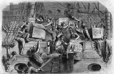 Boston Tea Party. US War of Independence: Revolt of American Settlers (of Great Britain Origin) Against Taxes Imposed by the English Parliament on the Tea and Other Foodstuff. They Disguise Themselves as Indians and Throw the Cargo of the Tea into the Sea