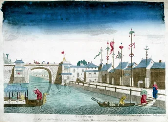 Bridge of Cochinchine and boats are distinguished leaving the pavilions. Engraving from the end of the 18th century