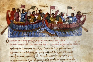 Byzantine naval battle. An assault swimmer attacks the enemy ship. Manuscript from the 11th century.
