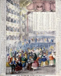 Calendar of 1859 representing a Carnival evening at the Teatro alla Scala in 1859