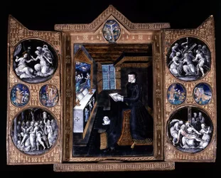 Catherine de Medicis (Caterina de Medici) (1519-1589) in prayer - triptych email and leather