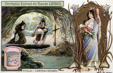 Chactas and father Aubry bury Atala and portrait of the heroine - Scene from Atala or The Loves of Two Savages in the Desert, by Francois Rene de Chateaubriand - Liebig chromolithography
