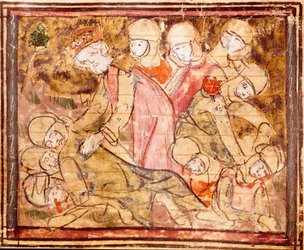 Charlemagne (742-814) Finds the Body of His Nephew Roland Who Died at the Battle of Roncesvaux. Miniature from 