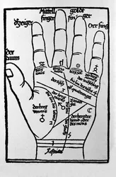Chiromancy and divinatory prediction: representation of the different lines of the hand allowing the interpretation of the personality. Engraving from 