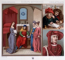 Civilian Costumes in the Middle Ages in the 15th Century. Top Right: Currency Changers in Antwerp. Lower Right: Portrait of Maximilian of Austria after Quentin Metzys. In 