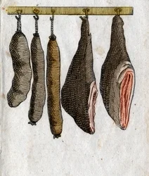 Cold cuts: Cold meat hooks with ham meat and suspended sausage. End engraving of the 18th century. Private collection.