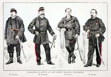 Commanders of the mobilized peacekeepers (divisional inspectors), from left to right: Mr.Foucault, Mr.Giobergia, Mr.Vassal, Mr.Archer. Eau forte en couleurs, for illustration 