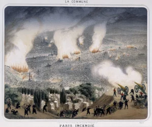 Commune of Paris: Paris fire. Communards firing cannons towards Paris. 1871