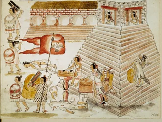 Conquest of Mexico: Destruction of Tenochtitlan, capital of the Aztec empire, by the armies of the conquistador Hernan Cortes (1485-1547) on 24/06/1520. Miniature from a manuscript