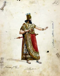 Costume of Nabuchadnezzar, king of Babylon, in the opera of Giuseppe Verdi (1813 - 1901), “Nabucco”. Musée de la Scala