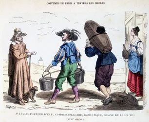 Costume of a blind man, a water carrier, a commissionaire, a servant in the 17th century during the reign of Louis XIII. In Costumes of Paris through the centuries