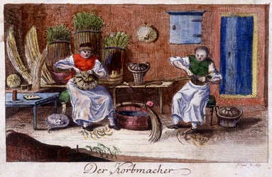Crafts: the basket maker in his workshop. In “Comprehensive description of arts and crafts and workshops for young people” by Johan Peter Vue. Ed. Nuremberg, Weigel and Schneider