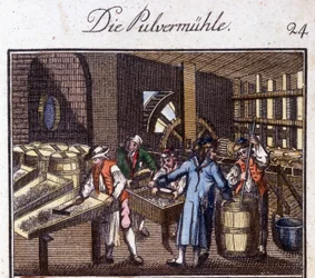 Crafts: the powder maker in his workshop. In “Comprehensive description of arts and crafts and workshops for young people” by Johan Peter Vue. Ed. Nuremberg, Weigel and Schneider