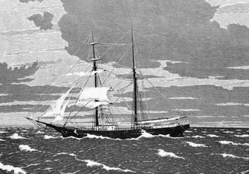 December 1872: Mary Celeste Found Abandoned in the Middle of the Atlantic, Off the Azores Islands. The Captain, His Wife, Their Two-Year-Old Daughter, and Eight Crew Members Disappeared (19th century engraving)