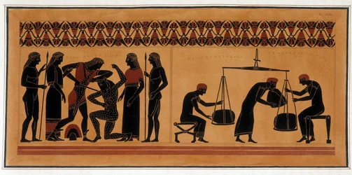Defeat of the Minotaur by Theseus - Paintings of Ancient Vases, Commonly Referred to as Etruscan, Drawn from Various Collections and Engraved by A. Clener, Accompanied by Explanations by A.L. Millen. By Dubois-Maisonneuve. Library of Maisons Alfort, Veteri