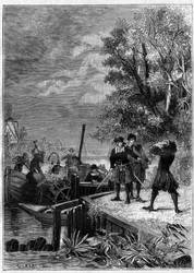 Denis Papin (1647-1712) physicist, mathematician and French inventor, looks at his boat equipped with his new invention, a steam machine system still unknown, destroyed by boatmen to sell some pieces. Engraving in La Nature