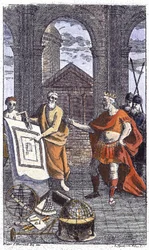 Detail of 27797: “Histoire obligations et statutes de la très venerable Confraternity des Francs-Masons”: Frontispiece engraved by Reinhardt Jr. (1742), for the famous work of the brother of the Third, in which the essential passages of Ander are