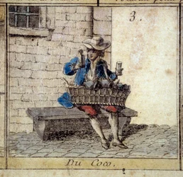 Detail of the game of the Goose of the Cree of Paris: the coconut merchant (selling trinkets). Engraving of the 18th century