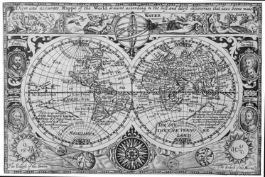 Early 17th Century Map of the World, After Mercator, with Inset Portraits of Explorers (Drake, Magellan, Thomas Cavendish and Oliver van der Nort), the Elements, and Eclipses