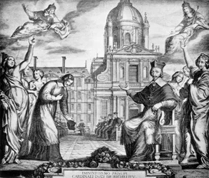Engraving to the glory of Cardinal Richelieu for the re-establishment of the Sorbonne in Paris, commissioned to Lemercier, completed in 1642